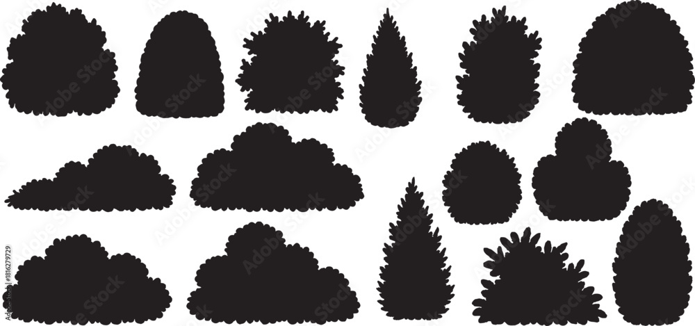 Fototapeta premium Bush and hedge vector illustration set, silhouette collection of garden shrubs, landscaping elements.