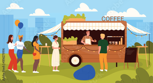 Customers stand in line at an outdoor coffee food truck, enjoying a sunny day in the park with drinks and friendly service, vector illustration