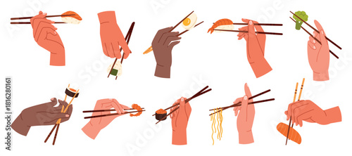 Various hands using chopsticks to hold sushi, noodles, and vegetables, showing diverse eating gestures and Asian cuisine culture, isolated on white background vector illustration