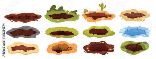Collection of various cartoon ground holes, pits, and burrows in different environments like soil, grass, sand, and ice, isolated on white background vector illustration