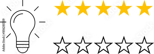 5 star rating and glowing bulb emphasizing ideas, reviews, feedback, innovation, goals. Creativity, teamwork, quality improvement evaluation user experience illustration - vector, PNG, JPG
