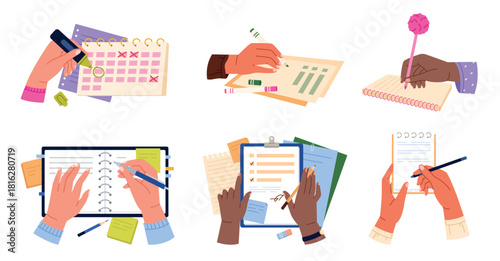 Multiple diverse hands write on notebooks, calendars, and documents, showing planning, paperwork, and note-taking activities, isolated on white background vector illustration