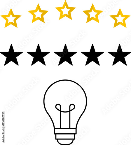 5 star rating and glowing bulb emphasizing ideas, reviews, feedback, innovation, goals. Creativity, teamwork, quality improvement evaluation user experience illustration - vector, PNG, JPG