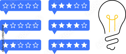 5 star rating and glowing bulb emphasizing ideas, reviews, feedback, innovation, goals. Creativity, teamwork, quality improvement evaluation user experience illustration - vector, PNG, JPG