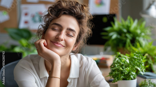 Green mindset at work: plants on desk, Gen Z woman smiling, stress relief, net-zero culture posters, sunny office corner, with copy space