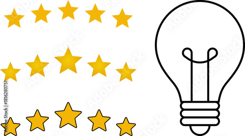 5 star rating and glowing bulb emphasizing ideas, reviews, feedback, innovation, goals. Creativity, teamwork, quality improvement evaluation user experience illustration - vector, PNG, JPG
