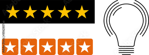 5 star rating and glowing bulb emphasizing ideas, reviews, feedback, innovation, goals. Creativity, teamwork, quality improvement evaluation user experience illustration - vector, PNG, JPG