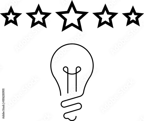 5 star rating and glowing bulb emphasizing ideas, reviews, feedback, innovation, goals. Creativity, teamwork, quality improvement evaluation user experience illustration - vector, PNG, JPG