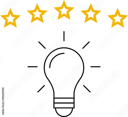 5 star rating and glowing bulb emphasizing ideas, reviews, feedback, innovation, goals. Creativity, teamwork, quality improvement evaluation user experience illustration - vector, PNG, JPG