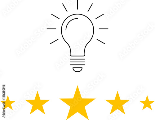5 star rating and glowing bulb emphasizing ideas, reviews, feedback, innovation, goals. Creativity, teamwork, quality improvement evaluation user experience illustration - vector, PNG, JPG