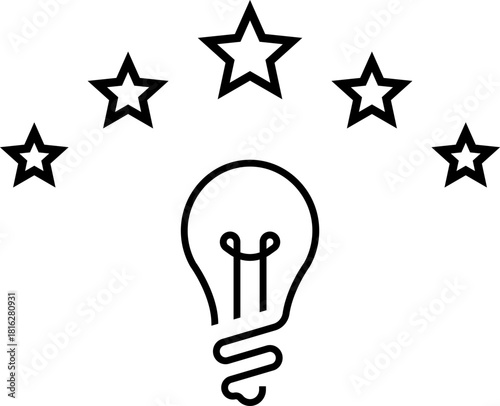 5 star rating and glowing bulb emphasizing ideas, reviews, feedback, innovation, goals. Creativity, teamwork, quality improvement evaluation user experience illustration - vector, PNG, JPG