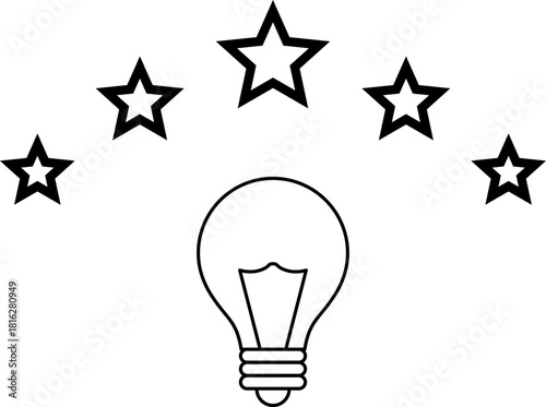 5 star rating and glowing bulb emphasizing ideas, reviews, feedback, innovation, goals. Creativity, teamwork, quality improvement evaluation user experience illustration - vector, PNG, JPG