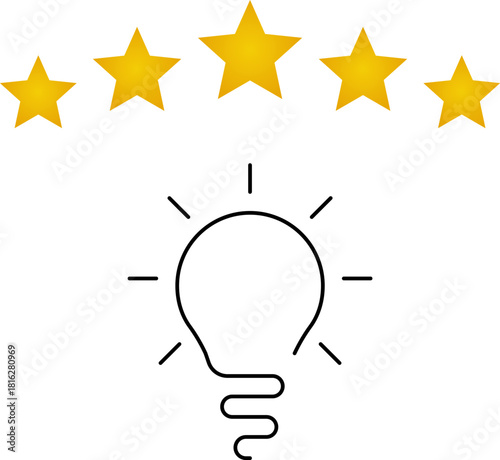 5 star rating and glowing bulb emphasizing ideas, reviews, feedback, innovation, goals. Creativity, teamwork, quality improvement evaluation user experience illustration - vector, PNG, JPG