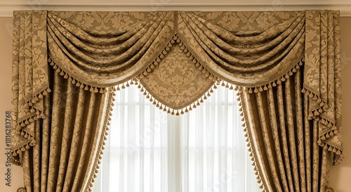 Elegant golden damask curtains with a classic swag valance for home decor