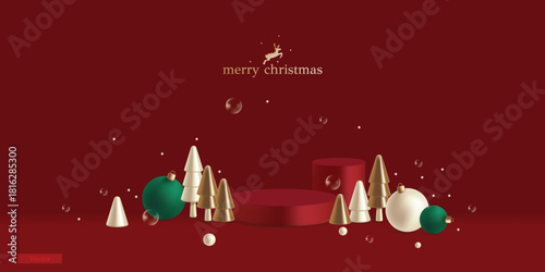Vector illustration of Christmas studio podium with tree and snow. Red Christmas and Happy New Year background. Realistic 3d decorative.