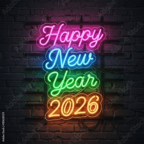Vibrant happy new year 2026 neon light sign on a dark brick background