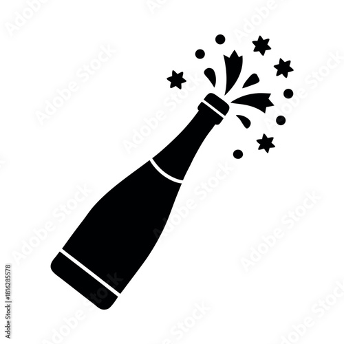 Celebratory champagne bottle opening with energetic cork release and sparkling bubbles Vector illustration