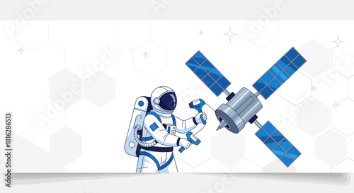 Astronaut Repairing a Satellite in Space Station Comic Style Illustration