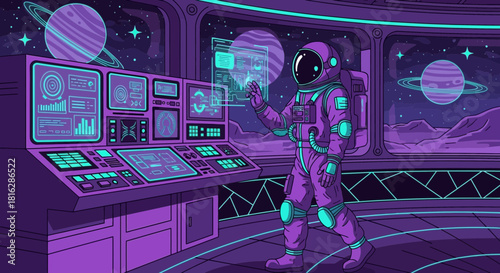 Astronaut navigating futuristic spaceship control panel in vibrant galaxy exploration scene