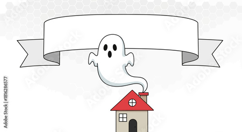 Cartoon Ghost Flying Out of a Chimney with a Banner for Halloween Message Vector