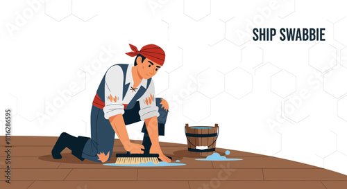 Cartoon illustration depicting a pirate swabbing the deck with a bucket nearby and abstract