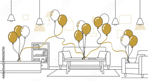 Celebratory living room decorated with golden and white balloons for a special occasion