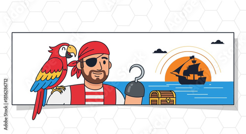 Charming pirate adventure illustration featuring a friendly parrot, pirate captain and treasure