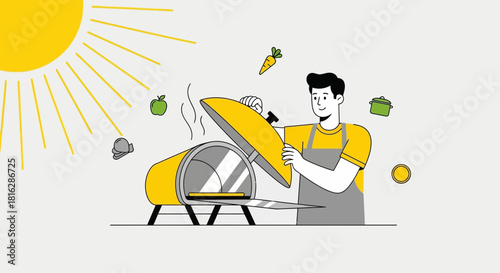 Cheerful man preparing healthy food in a yellow cartoon oven on a sunny day illustration