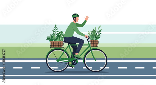Cheerful cyclist promoting eco-friendly lifestyle by carrying plants on bicycle ride for