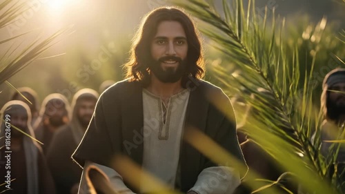 .palm sunday AI genereted video of Cinematic Bible Story: Jesus Christ Riding Donkey into Jerusalem on Palm Sunday with Kind Forgiving Smile, Authentic Middle Eastern Jewish Appearance. Hosanna.