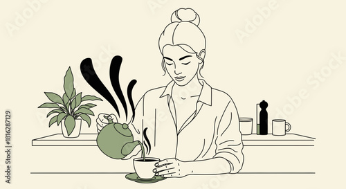 Elegant minimalist illustration of a woman pouring tea in a serene domestic setting creates a