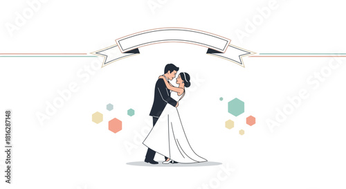 Elegant wedding illustration with embracing couple under a customizable banner space
