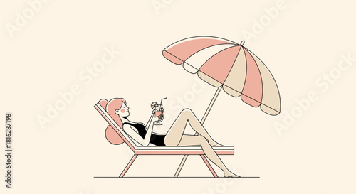 Elegant summer relaxation: A woman enjoying a cocktail on a beach chair under umbrella