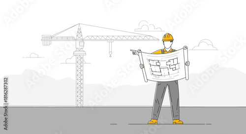 Architect reviewing construction plans at building site with crane background line drawing