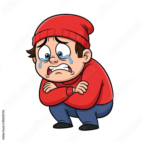 Cartoon illustration of a sad and crying boy wearing a red beanie and shirt, huddled in distress.