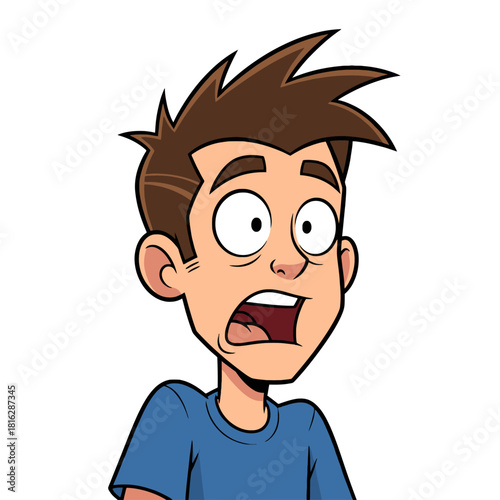 A cartoon illustration of a young man with a shocked, surprised, and fearful expression on his face.