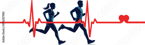 Active couple running for healthy lifestyle in silhouette with pulse heartbeat for wellness