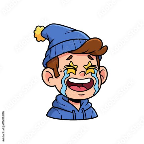 Cartoon boy with star eyes crying tears of joy, wearing a blue beanie and hoodie, expressing extreme happiness.