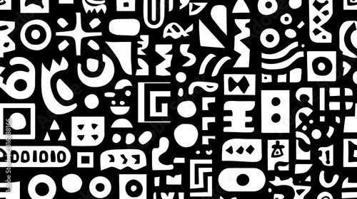 Abstract black and white pattern with a collage of primitive symbols and geometric shapes.