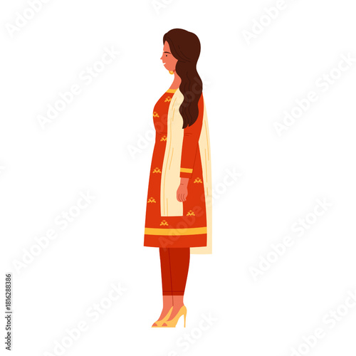 Side view of an isolated Indian woman wearing a red ethnic outfit and heels vector illustration