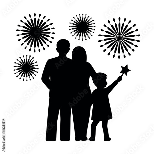 Warm family moment as loved ones hug and admire beautiful fireworks in the night sky Vector illustration