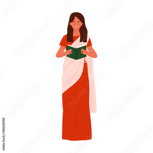 Young Indian woman in traditional saree reading a book, standing isolated on white vector illustration
