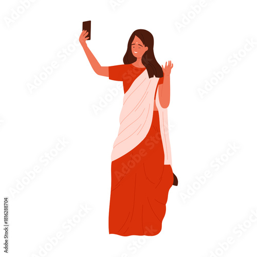Isolated Indian woman in red saree smiling and taking selfie with smartphone vector illustration