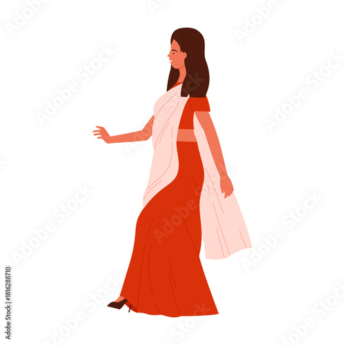 Elegant isolated Indian woman in red saree walking, side view, traditional clothing, white background vector illustration