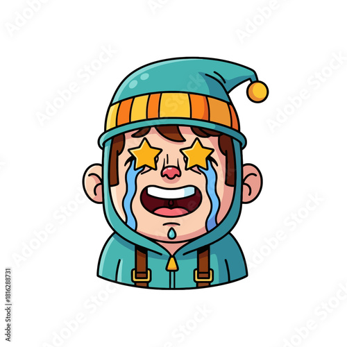 Cartoon boy with star eyes crying tears of joy and excitement.