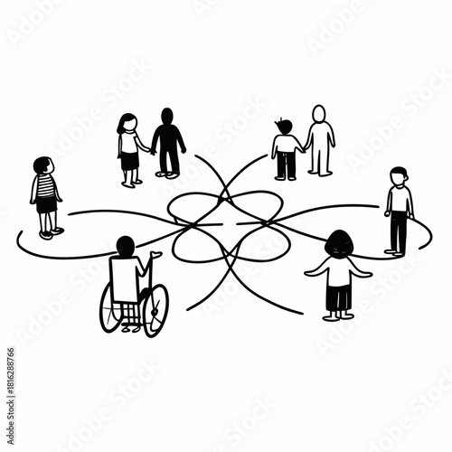 Minimalist Line Art Scene of Diverse Community with Inclusive People Holding Hands