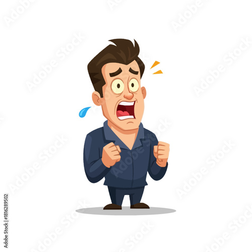 Cartoon man looking terrified and shocked with wide eyes and open mouth, sweating from fear.