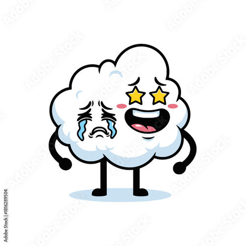 A cute cloud mascot character with a dual expression of crying sadness and star-eyed excitement on a white background.
