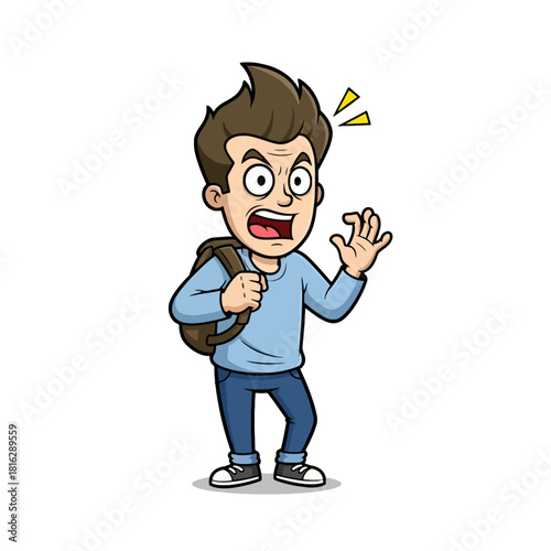 Cartoon illustration of a surprised young man with a backpack, expressing shock and alarm.