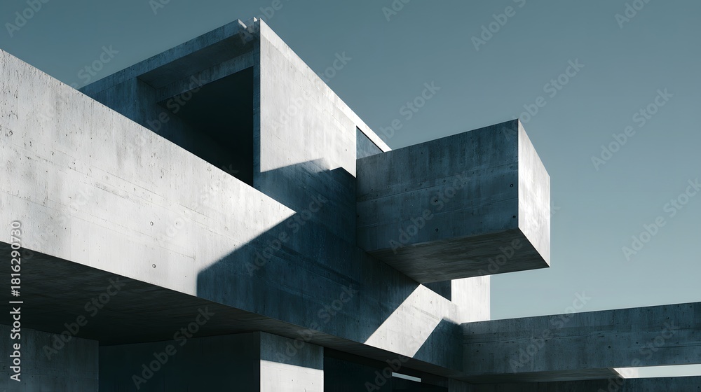 Fototapeta premium Abstract geometric concrete building with sharp angles and stark shadows.